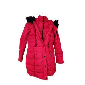 Nautica 3/4 Heavyweight Mist Puffer Jacket in red with black faux fur trim Women